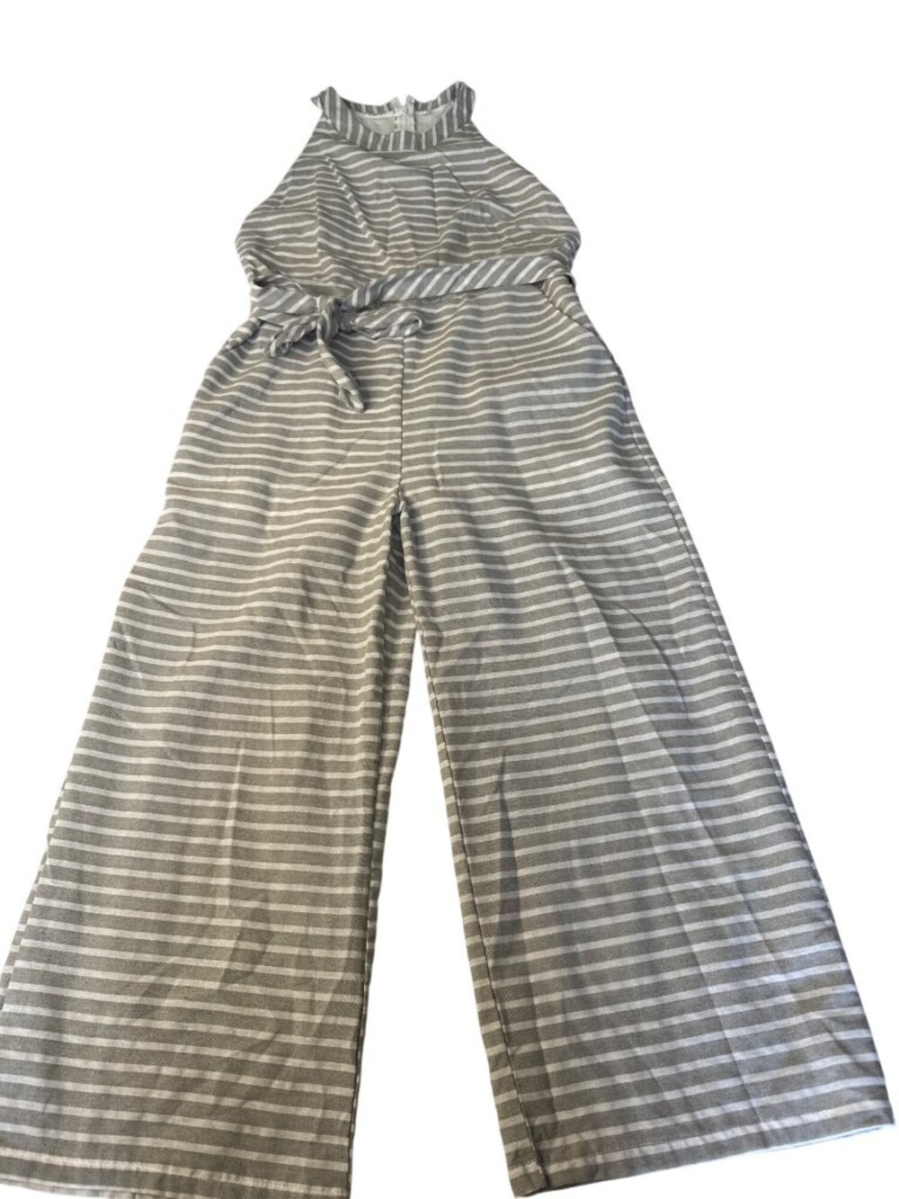 Striped Sleeveless Jumpsuit With Belt High Neck & Wide Legs Size L Gray & White